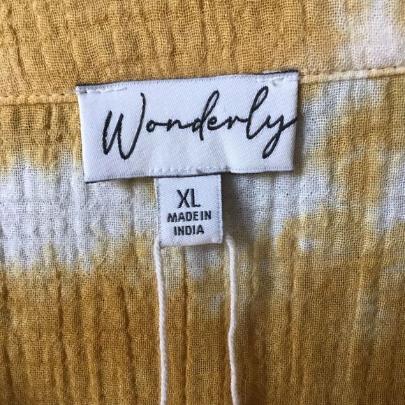 Wonderly Yellow Tie Dye Top XL V Neck Short Sleeve Cotton Gauze NWOT - Picture 4 of 6